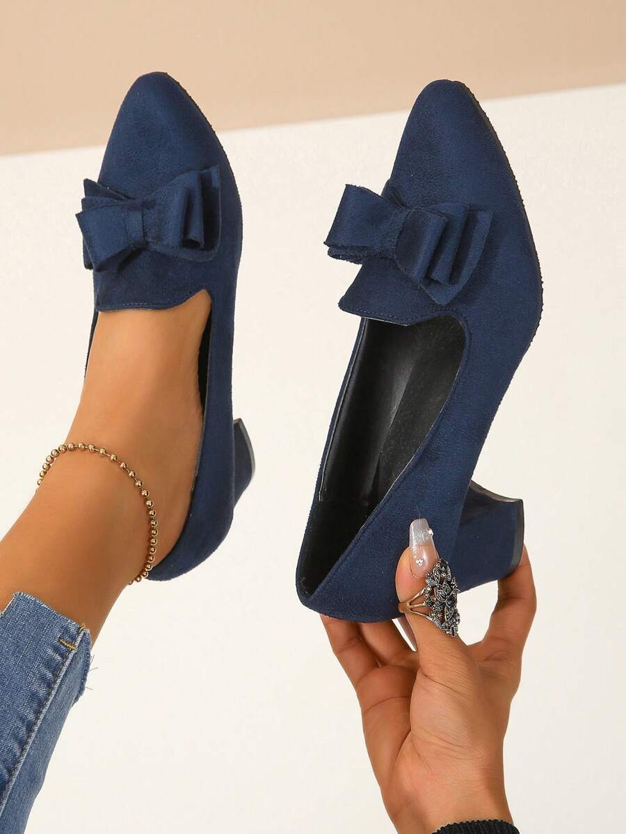 女士蝴蝶結粗跟泵鞋,中跟、防滑軟底工作鞋,舒適四季女鞋、懶人鞋 - 藍色 - 查看 1