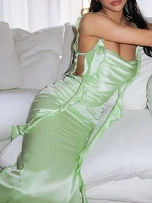 Women's Bodycon Mermaid Style Spaghetti Strap Backless Dress With Ruffle Hem - Green - View 4