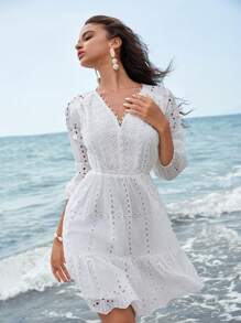 Anewsta Romantic Beach Style White Mid-Sleeve V-Neck Lace Splice Casual Dress With Waistbelt - White - View 5