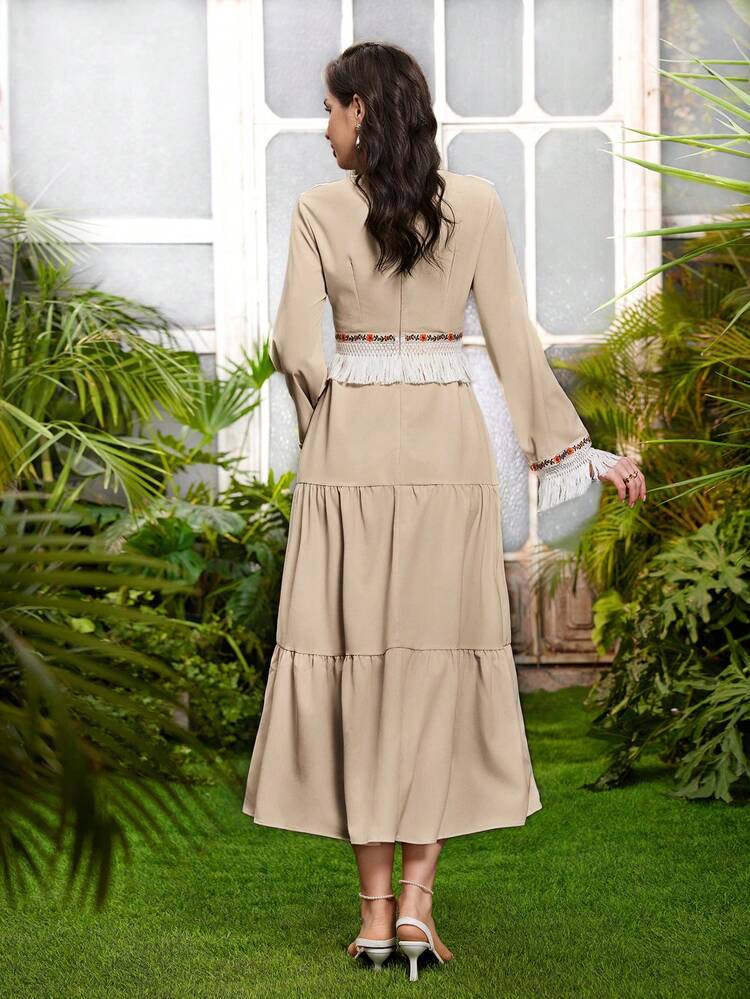 Women's Floral Embroidery Patchwork Tassel Long Sleeve Dress Fall Cloth For Women