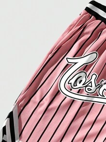 ROMWE MEN Prep Men Summer Sports Striped And Letter Printed Drawstring Waist Mesh Basketball Shorts - Pink - View 5