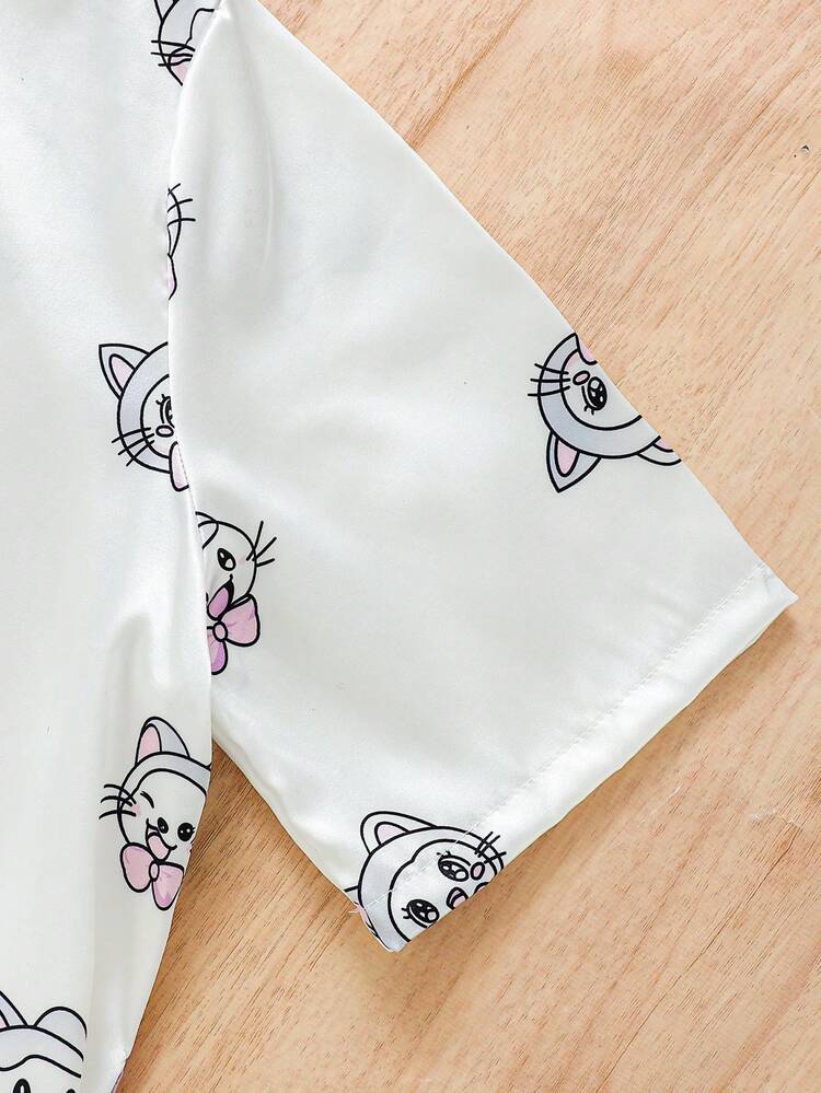 Teen Girl's Simple Fashion Cartoon Printed Cami Nightdress With Short Sleeve Robe Set For Home Wear