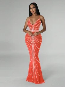 1pc Women's Fashion Sexy Spaghetti Strap Rhinestone Mermaid Dress - Orange - View 3