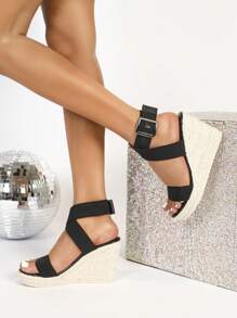 时尚女士凉鞋，采用绑带设计，青铜色带扣和复古编织绳，轻质坡跟和厚黑色鞋底 - 黑色 - 查看 1