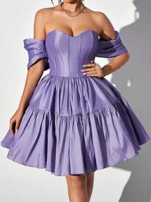 SHEIN Belle Của phụ nữ Màu thuần Off Shoulder Đầm tiệc rượu - Màu tím hoa cà - Xem 1