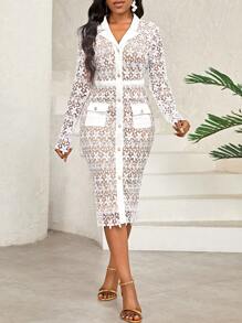 SHEIN Lady Floral Lace Overlay Button Front Shirt Dress - White - View 6