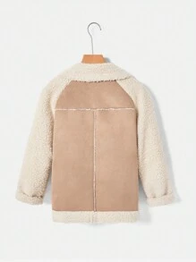 Drop Shoulder Fleece Trim Biker Coat - Apricot - View 2