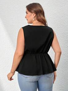 SHEIN Privé Áo Sơ Mi Cổ Chữ V Màu Trơn Thanh Lịch Plus Size Với Viền Bất Đối Xứng, Thích Hợp Cho Công Sở Và Trang Phục Hàng Ngày - màu đen - Xem 2