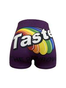 Women's Fashion Letter & Rainbow Print Tight Shorts, Summer - Purple - View 5