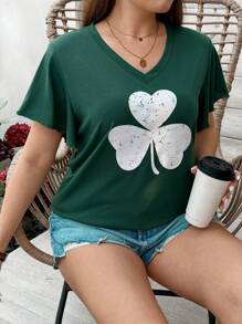 SHEIN LUNE Kích thước lớn Của phụ nữ Màu xanh lá Giải trí Ngày St. Patrick Cỏ ba lá Mẫu Cổ chữ V Ngắn tay Áo thun - màu xanh lá - Xem 6