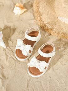 女童白色时尚凉鞋，幼儿连衣裙鞋，蝴蝶结露趾休闲沙滩鞋，春夏款