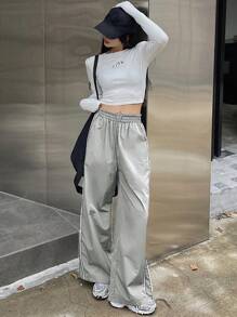 DAZY 女性彈性腰帶印花長褲,附繩子 - 淺灰色 - 查看 3