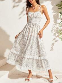 Soleia 女性休閒花卉拼接細肩帶綁帶連帽裙，裙邊褶飾裝飾 - 紫色 - 查看 6