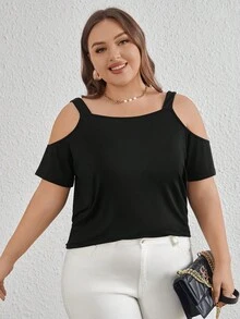 SHEIN Privé 大尺碼女士優雅簡約蕾絲拼接T恤，適用於日常上下班、旅遊、購物和聚會 - 黑色 - 查看 4