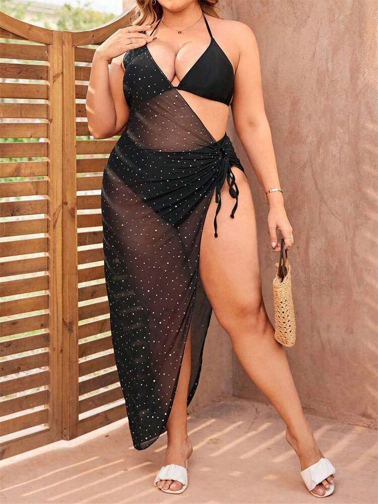 Plus Size Women's Solid Color Halter Strap Separated Swimwear With Necktie Three-Piece Set Summer