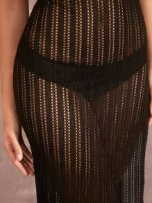 SHEIN BAE 鉤織透視性感斜肩不對稱高側開衩連衣裙 - 黑色 - 查看 5