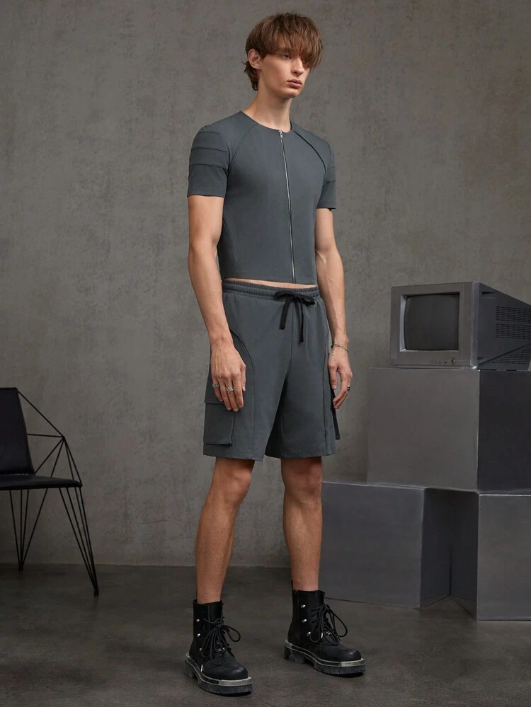 Men's Zipper Front Cropped Top And Shorts Casual 2pcs/Set