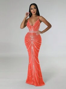 1pc Women's Fashion Sexy Spaghetti Strap Rhinestone Mermaid Dress - Orange - View 1