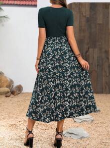 EMERY ROSE 花卉拼布高腰超长女装连衣裙 - 墨綠色 - 查看 2