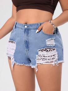 SHEIN ICON Plus Size Denim Shorts Kantong Raw Hem Ripped Plain - Biru - View 5