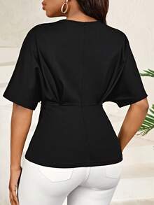 SHEIN Lady 女性 Masson色 無領褶皺蝙蝠短袖 T 恤 - 黑色 - 查看 2