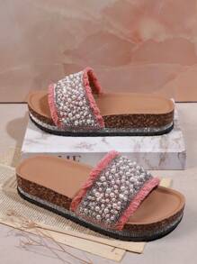 SHUZIA Women's Fashion Rhinestone & Faux Pearl Decor Flat Sandals