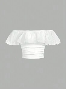 SHEIN 少女针织撞色网眼荷叶边下摆休闲露肩褶饰T恤 - 白色 - 查看 6