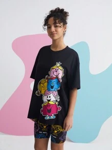 Mr Men Little Miss X SHEIN Cartoon Print Drop  Shoulder T-Shirt - Black - View 5