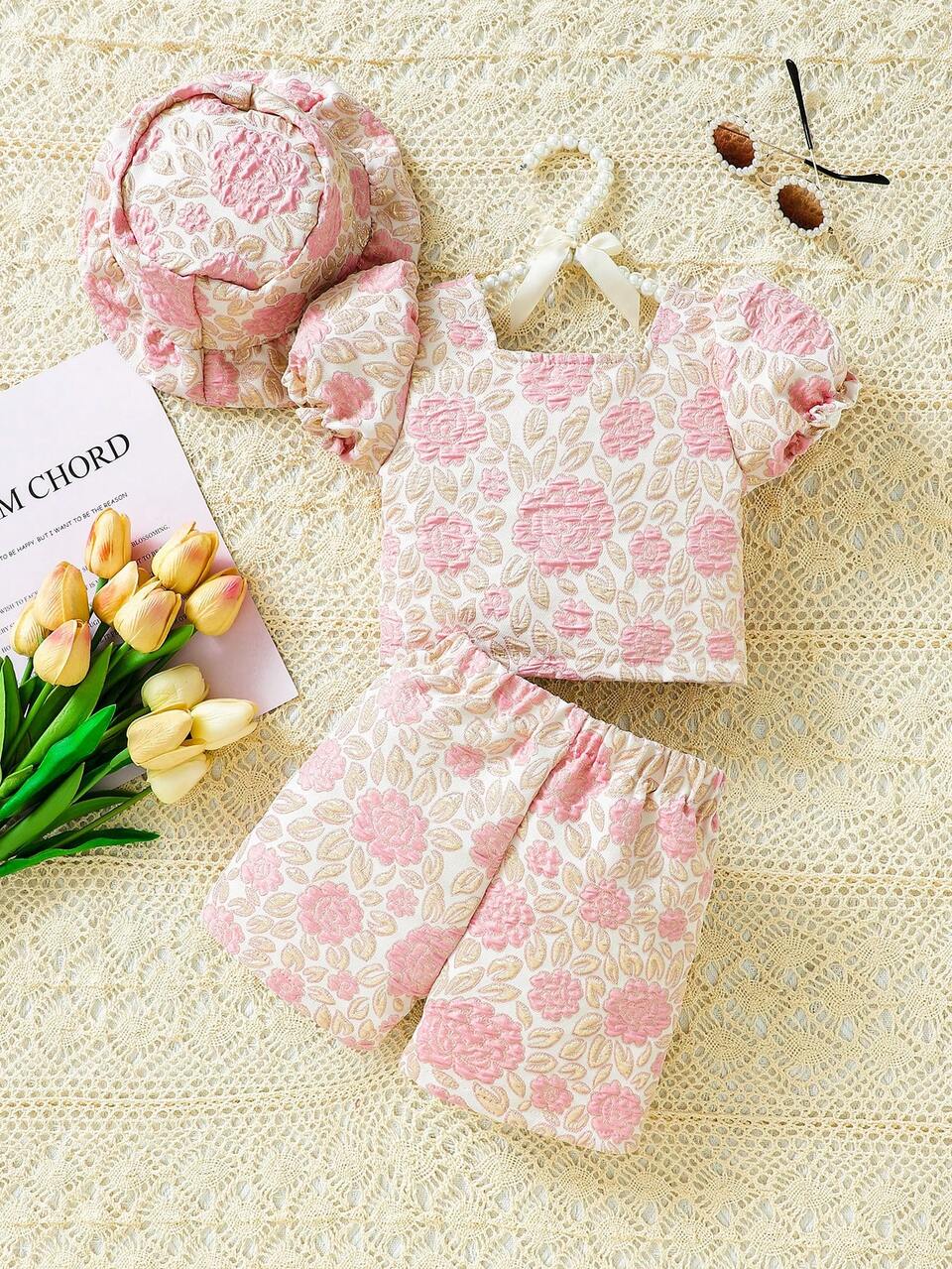 Spring/Summer Baby Girl's Elegant And Adorable Short Sleeve Top With Gold Thread Rose Pattern Plus Shorts Set With Hat