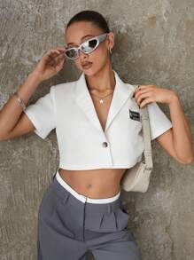 SHEIN EZwear Plaid Pattern Detail Cropped Blazer Jacket - White - View 5