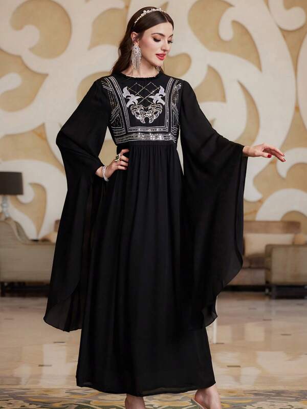 Layrah Vestido de camisa turca de manga acampanada con detalles de brillo y patchwork, estilo elegante y lujoso para fiestas y eventos de noche