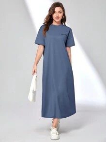 Mulvari Quý cô Lỏng lẻo phù hợp Thả vai Lá thư In Đầm - Màu xanh lam - Xem 2