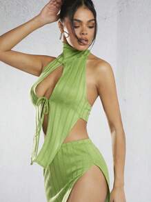 Hauture Women's Asymmetrical Hem Halter Neck Sleeveless Top With Hollow Out Design - Green - View 4