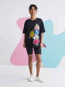 Mr Men Little Miss X SHEIN Cartoon Print Drop  Shoulder T-Shirt - Black - View 3