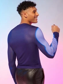 FeverCity 男士對比色身體印花修身t恤 - 藍色 - 查看 2