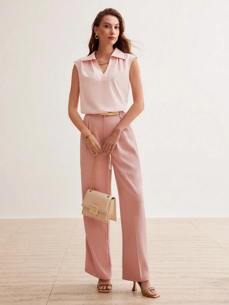 SOLID V-COLLAR SLEEVELESS BLOUSE