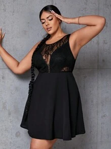 SHEIN SXY 大碼蕾絲拼接連衣裙 - 黑色 - 查看 3