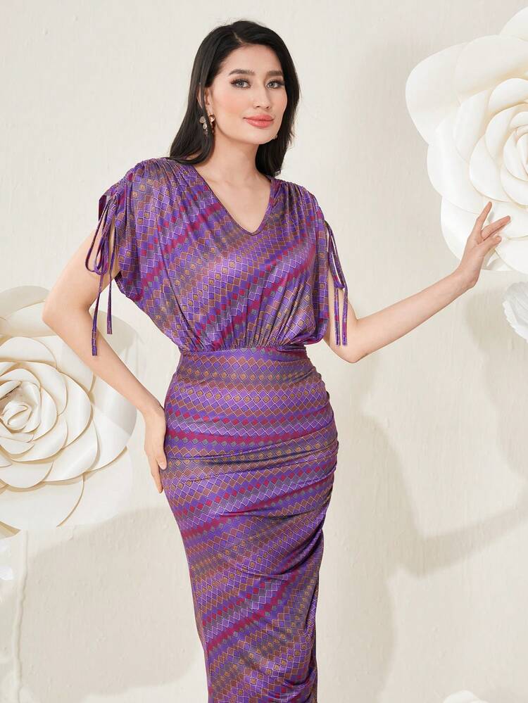 Modelyn Vestido Para Mujer Con Mangas Murciélago Con Cordón Ajustable Y Estampado Geométrico - Morado - Añade 5