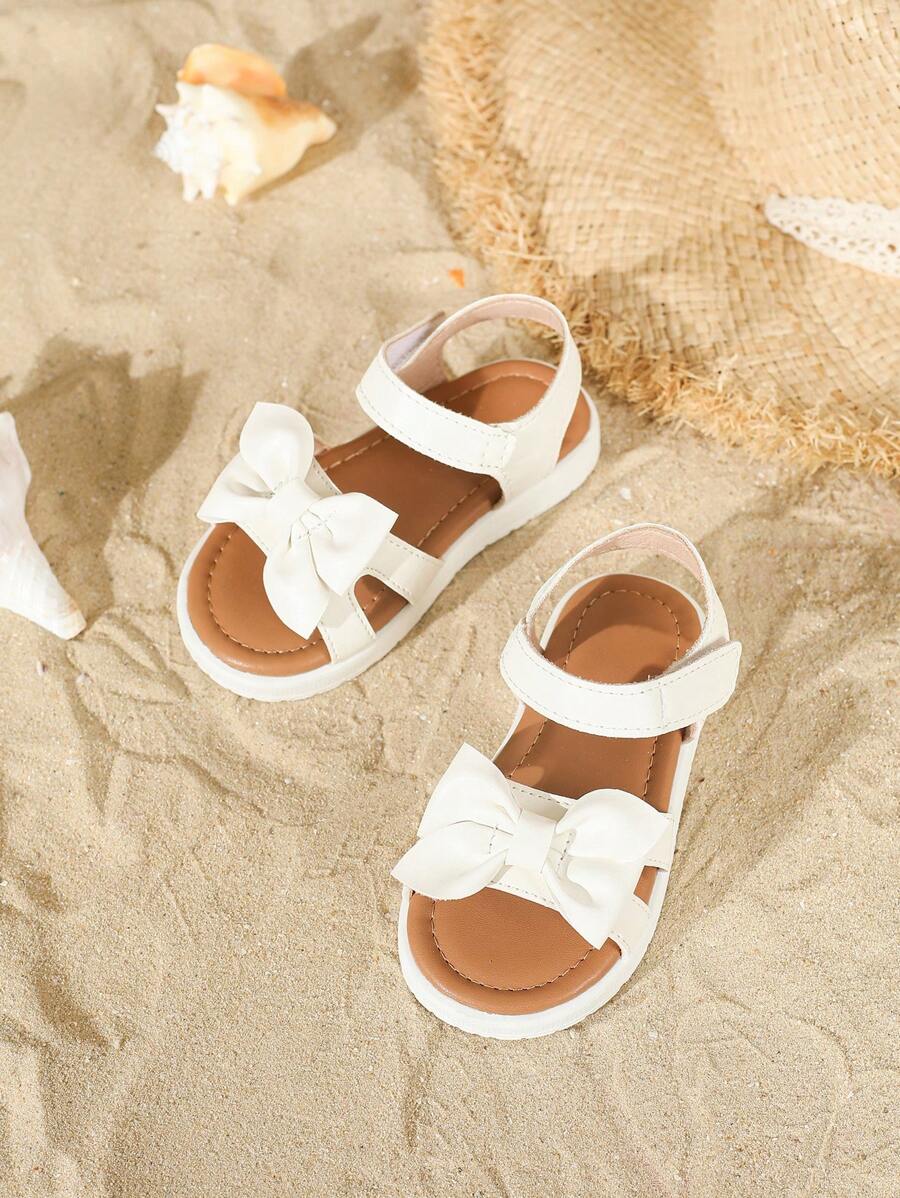女童白色时尚凉鞋，幼儿连衣裙鞋，蝴蝶结露趾休闲沙滩鞋，春夏款