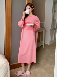 DAZY Casual Home Dress With Letter Printed Pattern Summer, Moo Moo Pajama - Pink - View 7