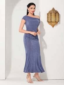 Modelyn Women's Solid Color Asymmetrical Collar Gathered Fish-Tail Dress, Semi Formal Dress Long Evening Dresses - Dusty Blue - View 6