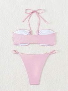 Swim Mod Conjunto de bikini de dos piezas brillante para playa de verano - Rosa - Ver 6
