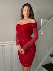 Firerie Off-Shoulder Ruffle & Pearl Beaded Bodycon Dress