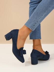 女士蝴蝶結粗跟泵鞋,中跟、防滑軟底工作鞋,舒適四季女鞋、懶人鞋 - 藍色 - 查看 4