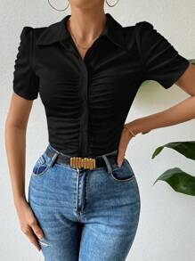 Chiquease Solid Color Pleated Puff Sleeve T-Shirt - Black - View 4