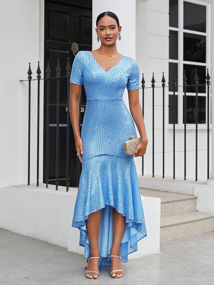 Blue Luxury Sparkly Sequins Fabric Deep V-Neck Mermaid Style Asymmetric Hem Short Front And Long Back Fishtail