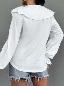 RueChic Ruffle Draped Neck In Glitter Printed Elastic Textured Fabric With Elastic Cuffs Elegant Leisure Style - White - View 2