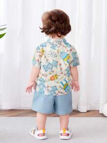 SHEIN Leap Crew Baby Boys' Cute Cartoon Robot Pattern Turn-Down Collar Short Sleeve Shirt And Casual Shorts Set - Multicolor - View 2