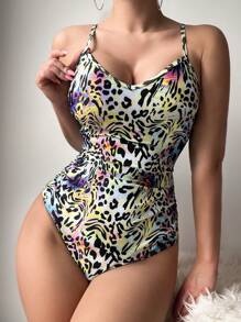 SHEIN Swim 女式豹紋淺灰色連肩泳衣 - 彩色 - 查看 1