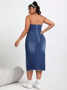 CovetEZ 大尺碼水洗分裂前無肩帶牛仔裙 - 藍色 - 查看 2